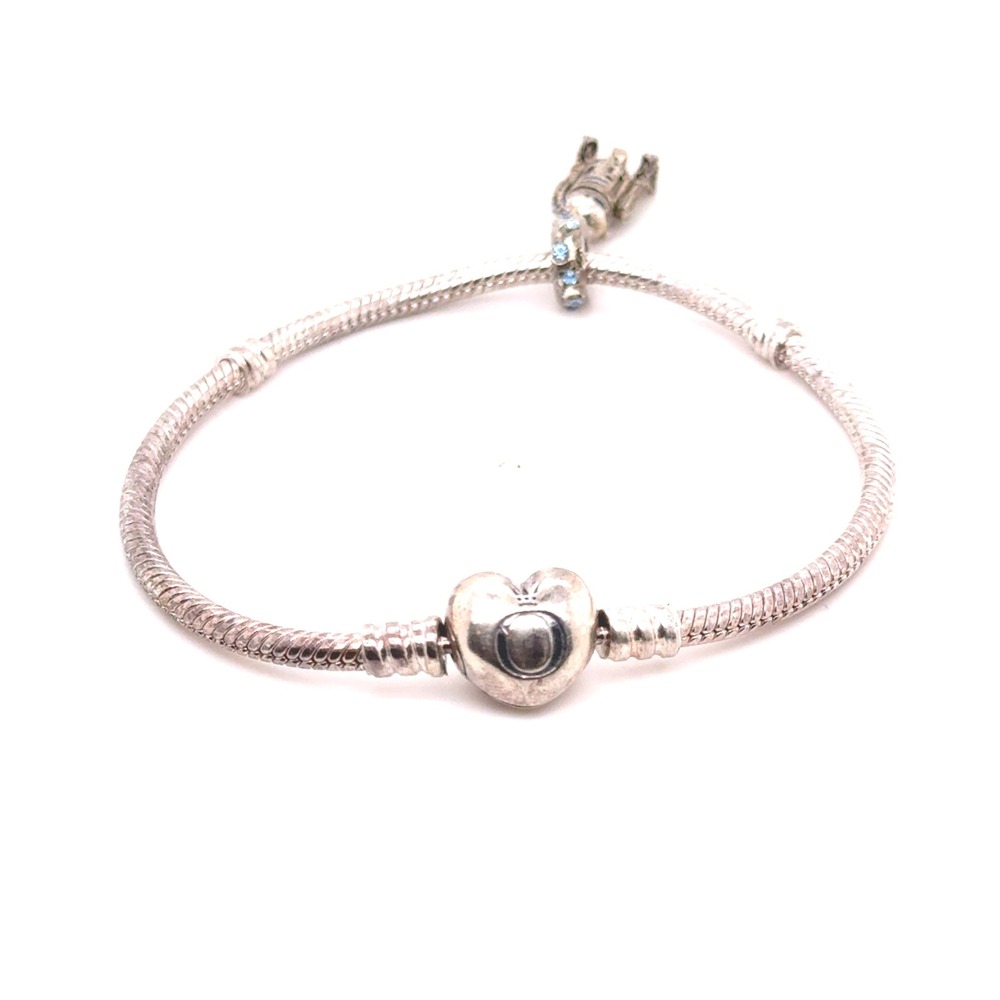 Pandora Sterling Silver Heart Clasp Snake Chain Bracelet with Droid Charm 7.5in